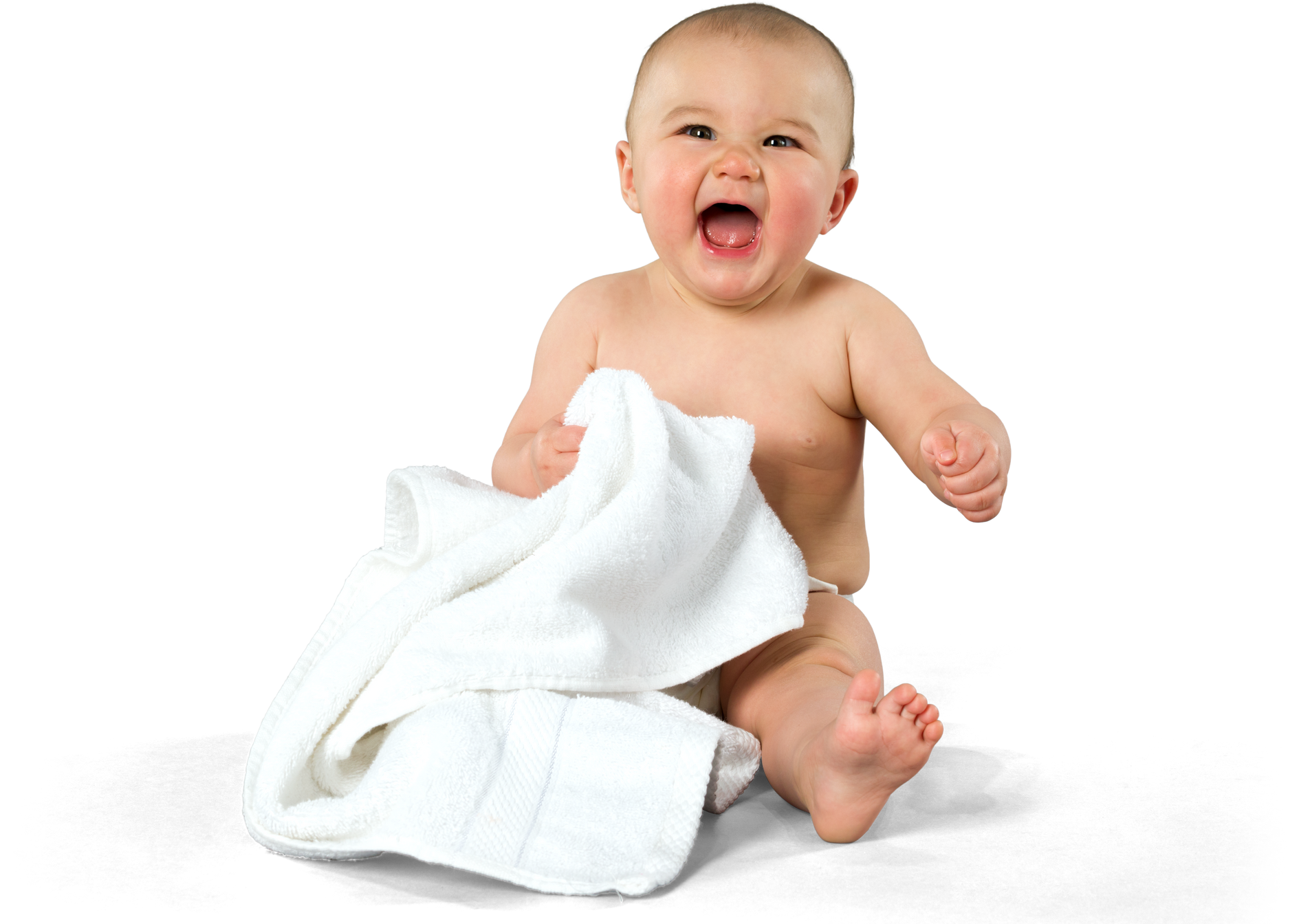 Excited Caucasian baby girl with short medium blond hair holding towel - Isolated